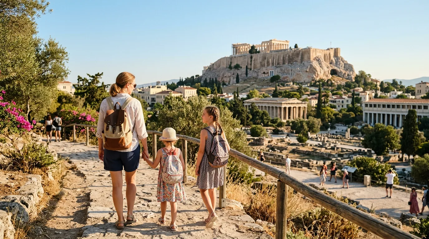 Rodzina odpoczywająca w widoku na zabytki Aten