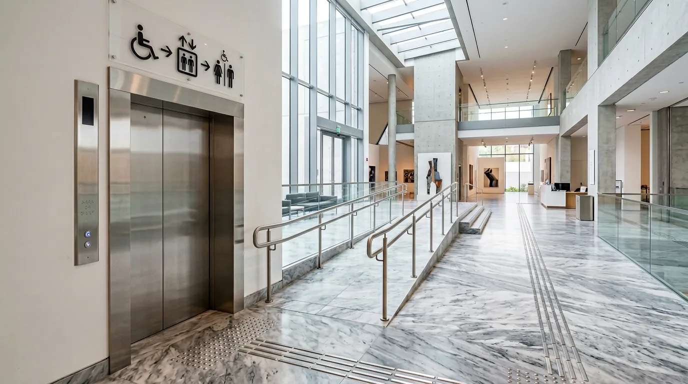 Dostępne wejście do obiektu z rampą i nowoczesną doświetloną strefą