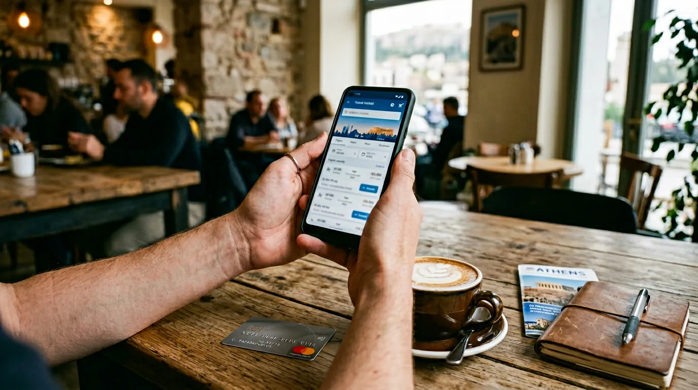 Rezerwacja biletu na telefonie w podróży do Aten