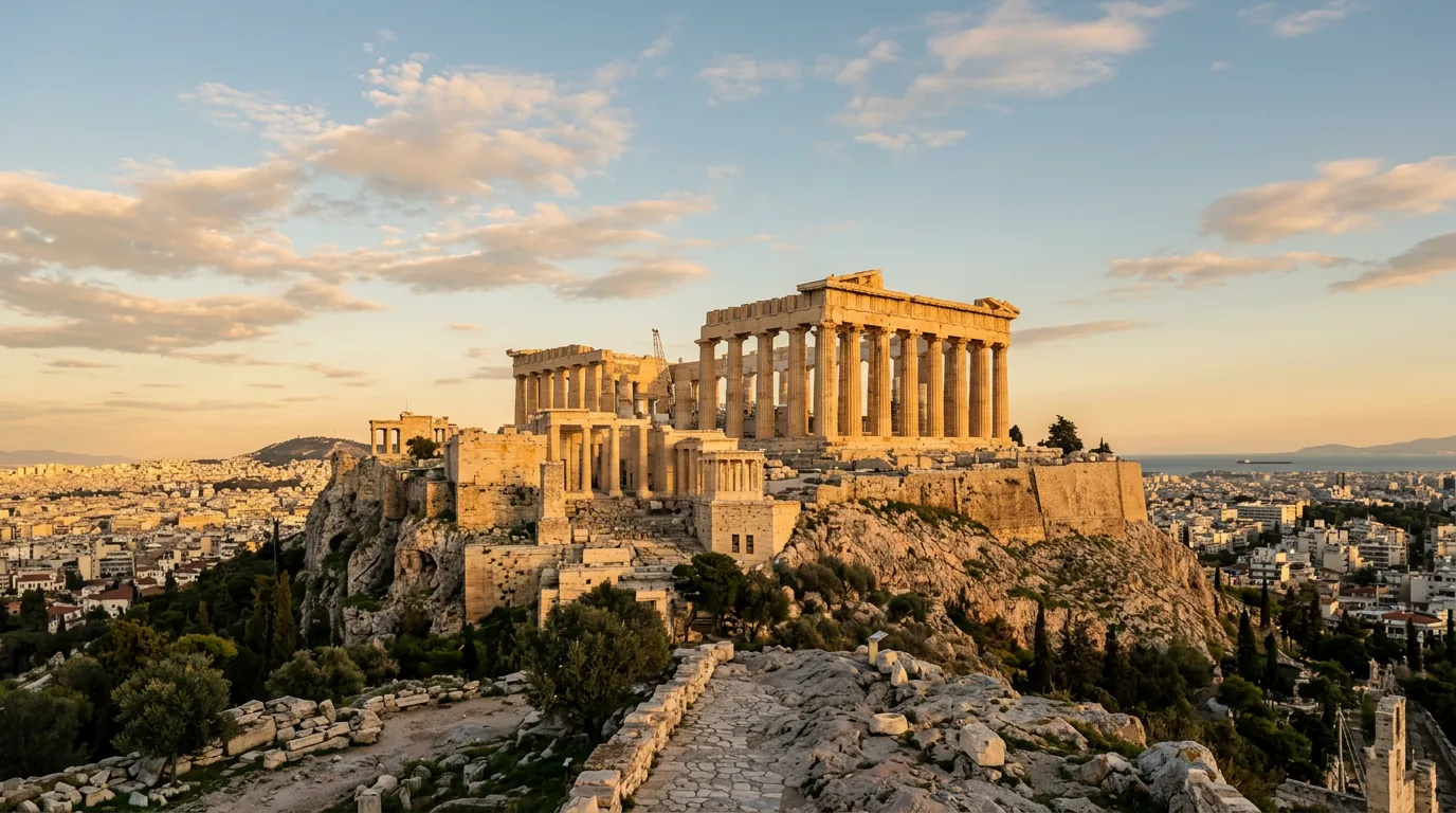 Partenon i świątynie na wzgórzu Akropol w Atenach o złotej porze