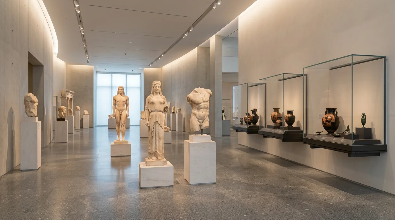 Wnętrze galerii Muzeum Akropolu z oświetlonymi eksponatami