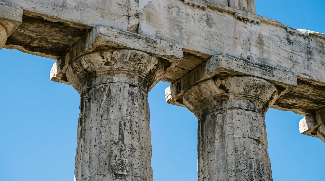 Zbliżenie na marmurowe kolumny doryckie i detale zabytku na Akropolu